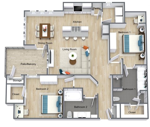 Floor plan for 2 beds, 2 baths, 1302 sqft